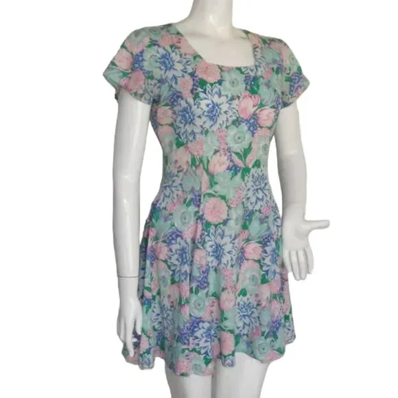 VINTAGE Skater MIni Dress, S, Multicolor Floral, Short sleeves, Square neck - Picture 3 of 13